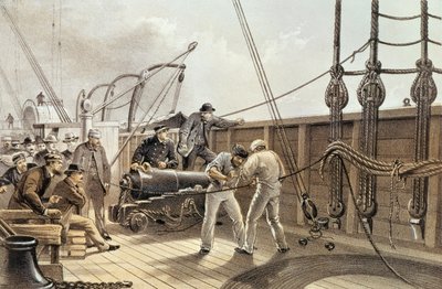 Spleißen des transatlantischen Telegrafenkabels (nach dem ersten Unfall) an Bord der 